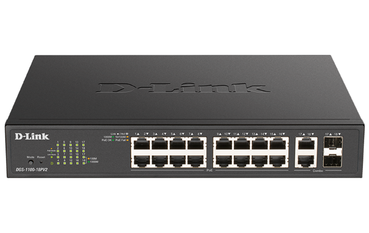 SWITCH 16 GIGABIT POE+ PORTS SMART MANAGED+ 2 COMBO RJ45/SFP PORTS DLDGS-1100-18PV2