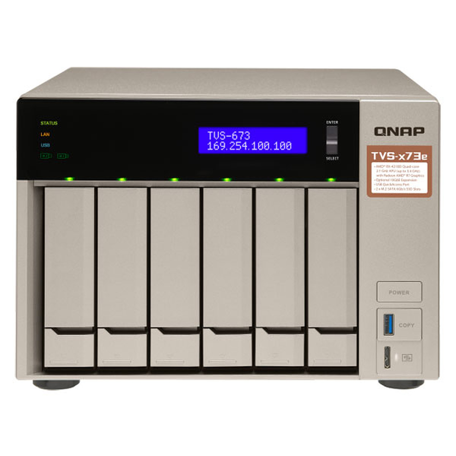 Serveur NAS 6 Baies SATA 6Gb/s RAID 0, 1, 5, 6, 10 RAM 4 Go Gigabit Ethernet TVS-673E-4G